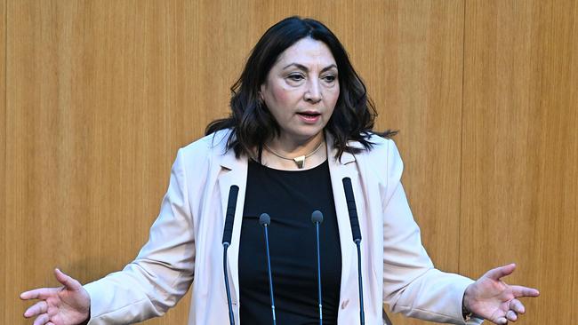 © FOTO: APA/HELMUT FOHRINGER Selma Yildirim am Rednerpult im Parlament, vor ihr das Pult mit mehreren Mikrofonen