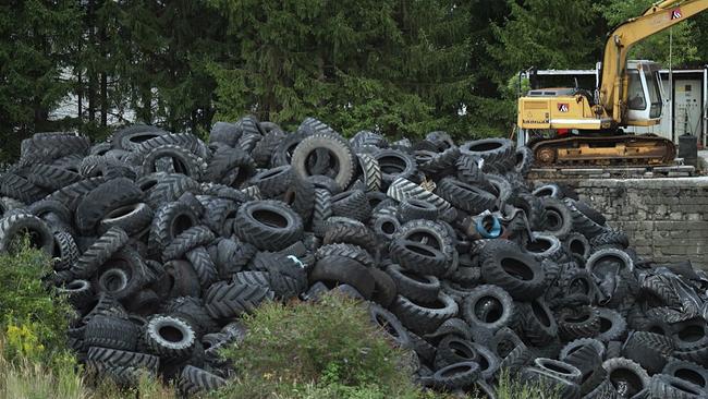 © ORF Ein großer Haufen alter Autoreifen lagert zwischen Büschen, im Hintergrund Bäume und ein Kranfahrzeug