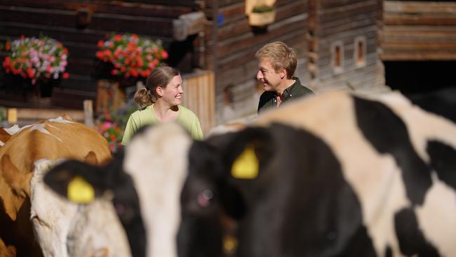 Max Müller im Gespräch mit Sennerin Johanna Schnell, umgeben von Kühen auf der Alm