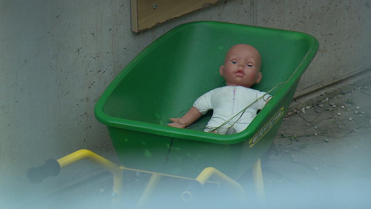 © ORF eine grüne Schubkarre lehnt an einer grauen Hausmauer, in der Schubkarre befindet sich eine Babypuppe