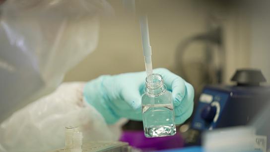 Eine Person im Labor pipettiert mit Handschuhen eine klare Flüssigkeit in ein kleines Glasfläschchen zur DNA-Analyse.