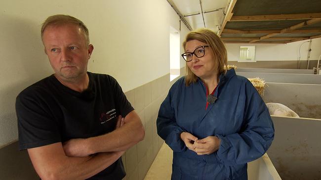 © ORF / Wolfgang Rauch Am Bild ist Frau Mutenthaler-Sipek, Geschäftsführerin der AMA Marketing Gmbh. Sie hat eine Brille, halblange Haare und einen blauen Pullover. Sie stehen im AMA-Tierwohl-Stall von Franz Schitzehofer, in dem es mehr Platz und Stroh für die Schweine gibt.