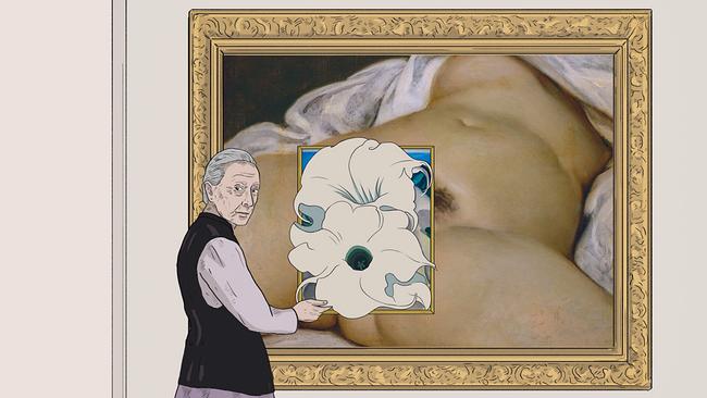 © ORF/Nikolaus Geyrhalter Filmproduktion GmbH Eine Animation/Grafik zeigt eine ältere Dame, die ein Bild mit zwei großen Blüten vor das bekannte Gemälde „Der Ursprung der Welt“ von Gustave Courbet aus dem Jahr 1866 hält