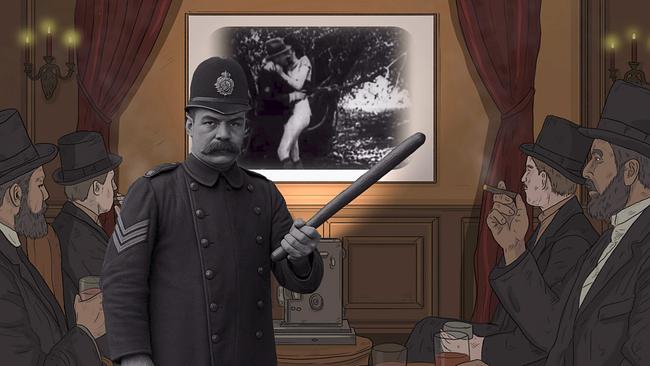 © ORF/Nikolaus Geyrhalter Filmproduktion GmbH Eine Animation/Grafik zeigt eine Gruppe von Männern in den 1920er Jahren, die sich im Rahmen eines Herrenabends einen „Vintage Porn“ ansehen