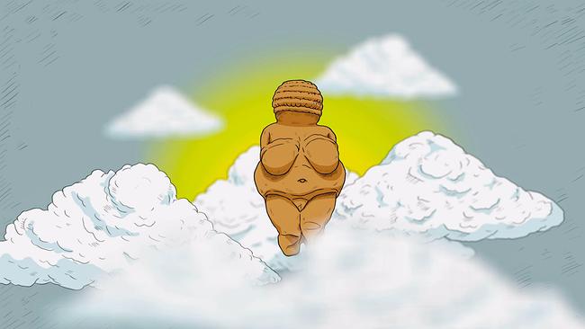 © ORF/Nikolaus Geyrhalter Filmproduktion GmbH Eine Animation/Grafik zeigt die bekannte rund 26.500 Jahre alte altsteinzeitliche Venusfigurine „Venus von Willendorf“ hoch in den Wolken