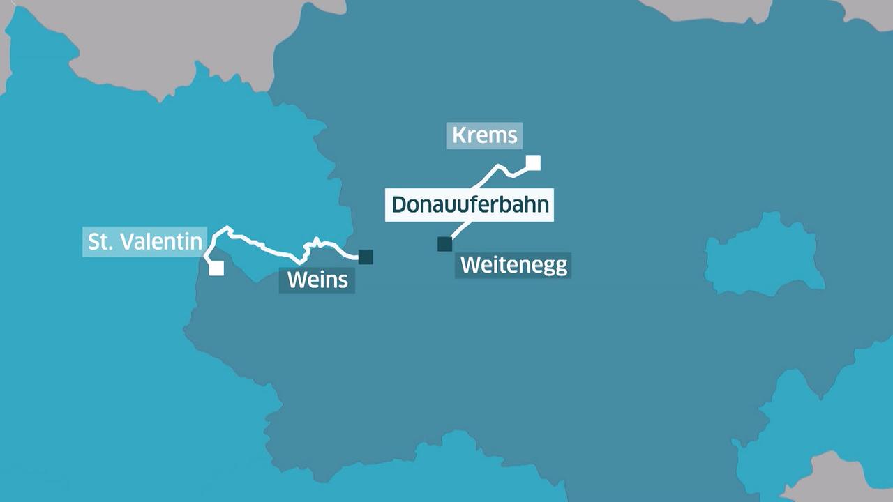 © ORF Grafik Auf einer Grafik ist zu sehen, dass die Donauuferbahn zwischen Weins und Weitenegg unterbrochen ist.