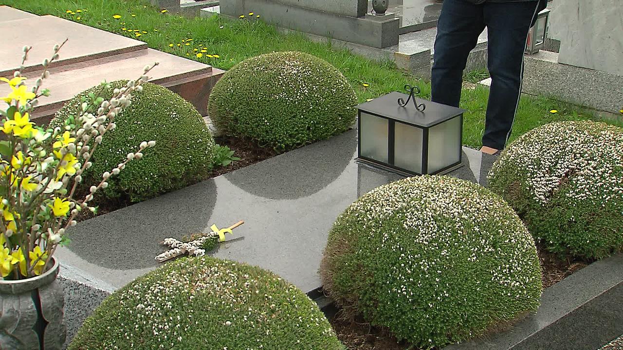 Bild ist das Familiengrab der Familie W. zusehen. Es ist mit Blumen geschmückt. Links und rechts sind schön geschnittene Buxbaumkugeln angepflanzt. In einer großen Laterne am Steindeckel sind Kerzen.