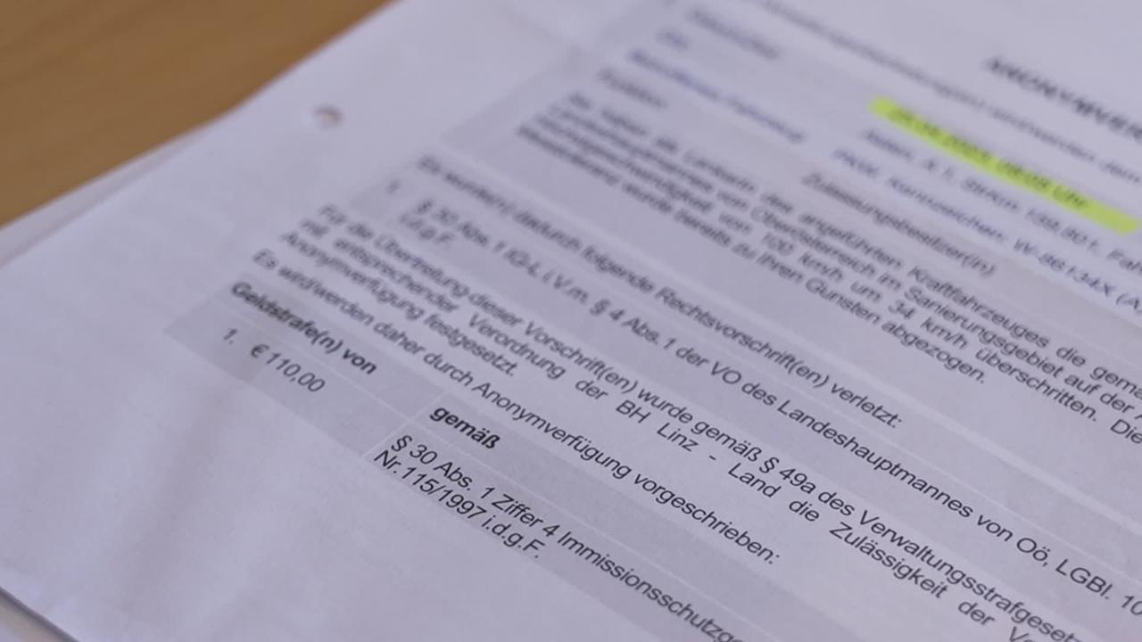 © ORF / Peter Giczy Am Bild ist eine Anonymverfügung der Polizei zu sehen. Es wird eine Geldstrafe von 110 Euro wegen Geschwindigkeitsübertretung in Aussicht gestellt.