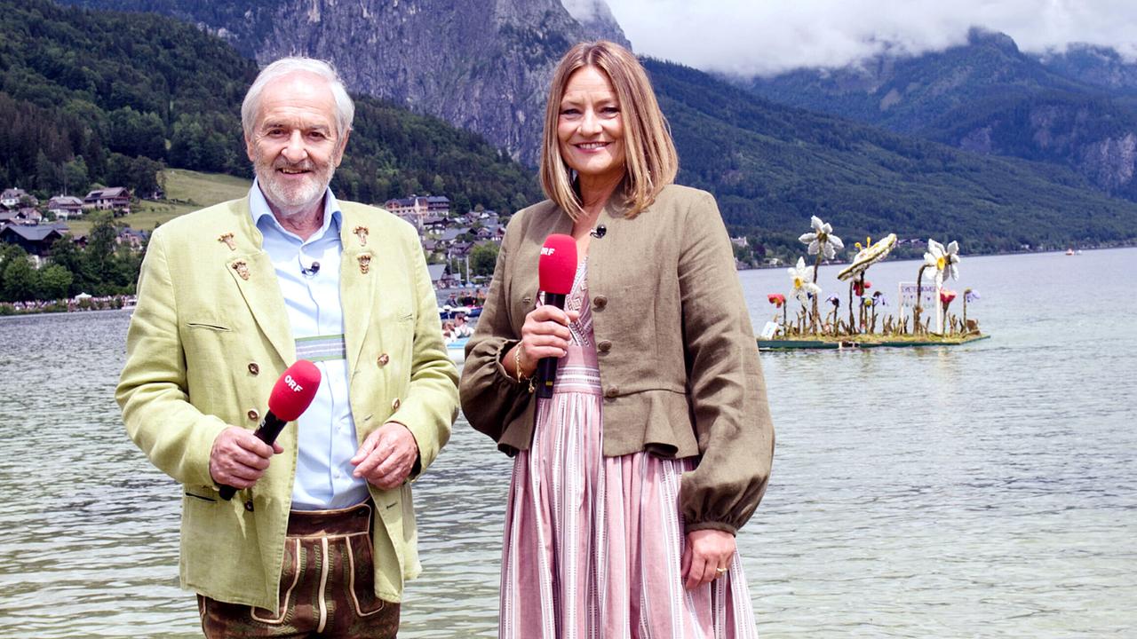 © ORF/Ralf Tornow Das Narzissenfest 2025 - Die Blumenpracht aus dem Ausseerland: Die Moderatoren Reinhart Grundner und Sigrid Maurer