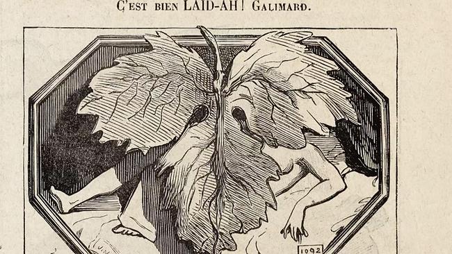 Kunstgrafik: Feigenblatt überdeckt nackten Körper