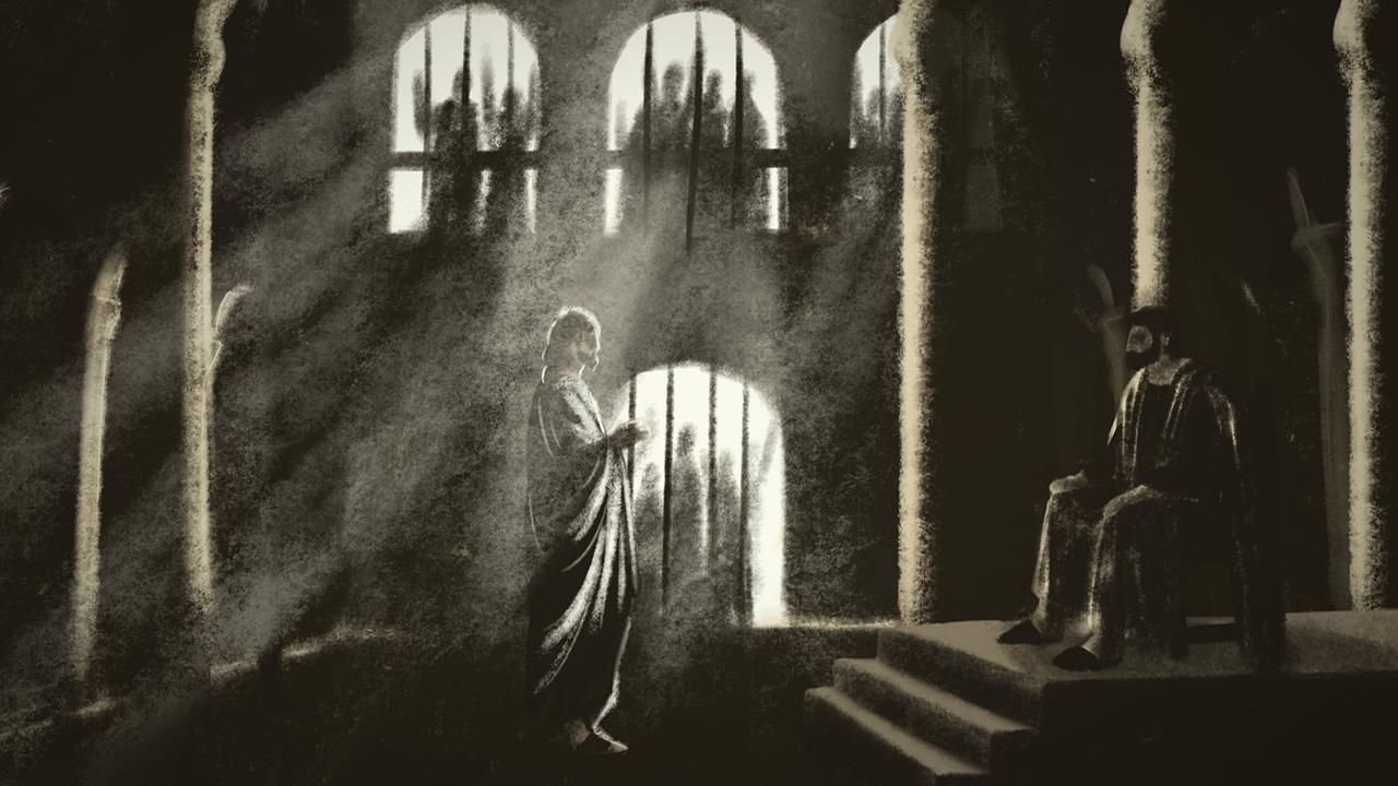 Schwarz-Weiß-Grafik: Jesus wird von Pilatus befragt.