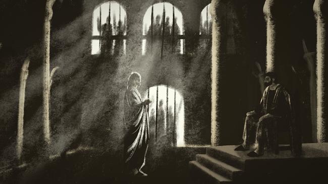 © ORF/Tellux-Film Dresden, Metafilm Schwarz-Weiß-Grafik: Jesus wird von Pilatus befragt.