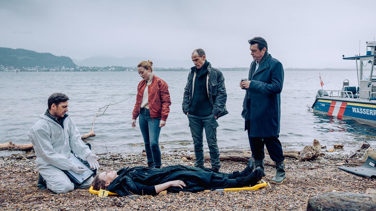 "Die Toten vom Bodensee – Die Medusa": Stefan Pohl (Thomas Egger), Alina Fritsch (Luisa Hoffmann), Matthias Koeberlin (Micha Oberländer), Hary Prinz (Thomas Komlatschek)