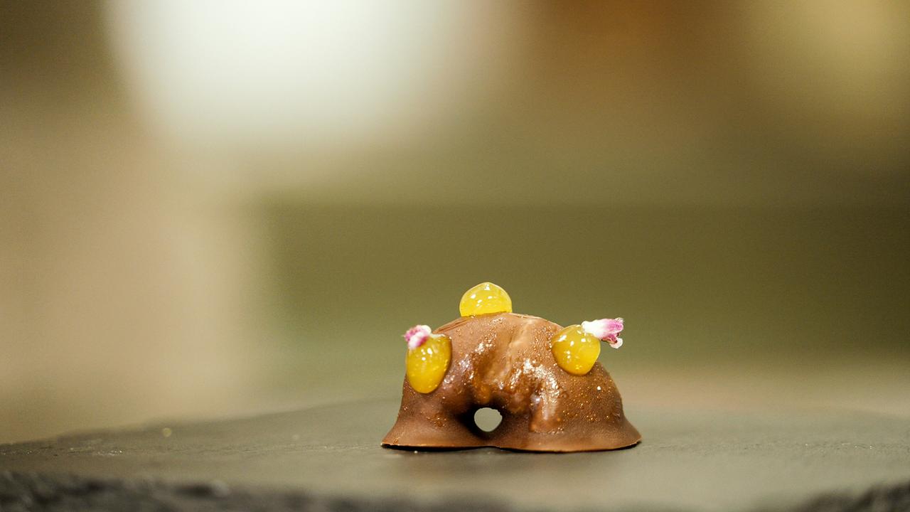 © ORF/Produktion West/Gerhard Mader "Krebsdessert" mit glatter, gewölbter Schokoladenhülle, mehreren gelartigen Tupfen und kleinen Blüten auf einer Schieferplatte.