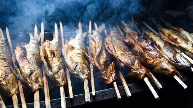 Mehrere Steckerlfische auf Holzspießen werden über einer Glut gegrillt.
