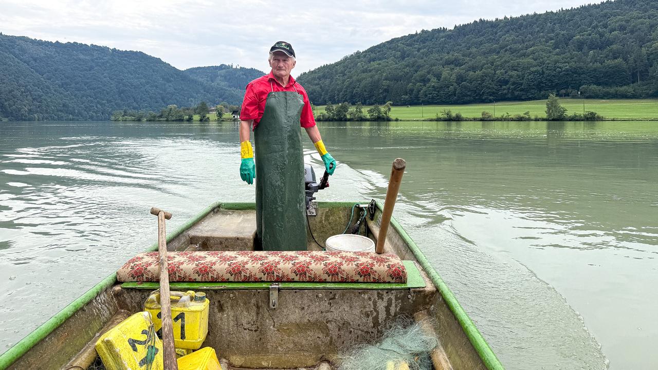 © ORF/Produktion West/Gerhard Mader Franz Auer steht in seinem Boot auf der Donau bei der Schlögener Schlinge.