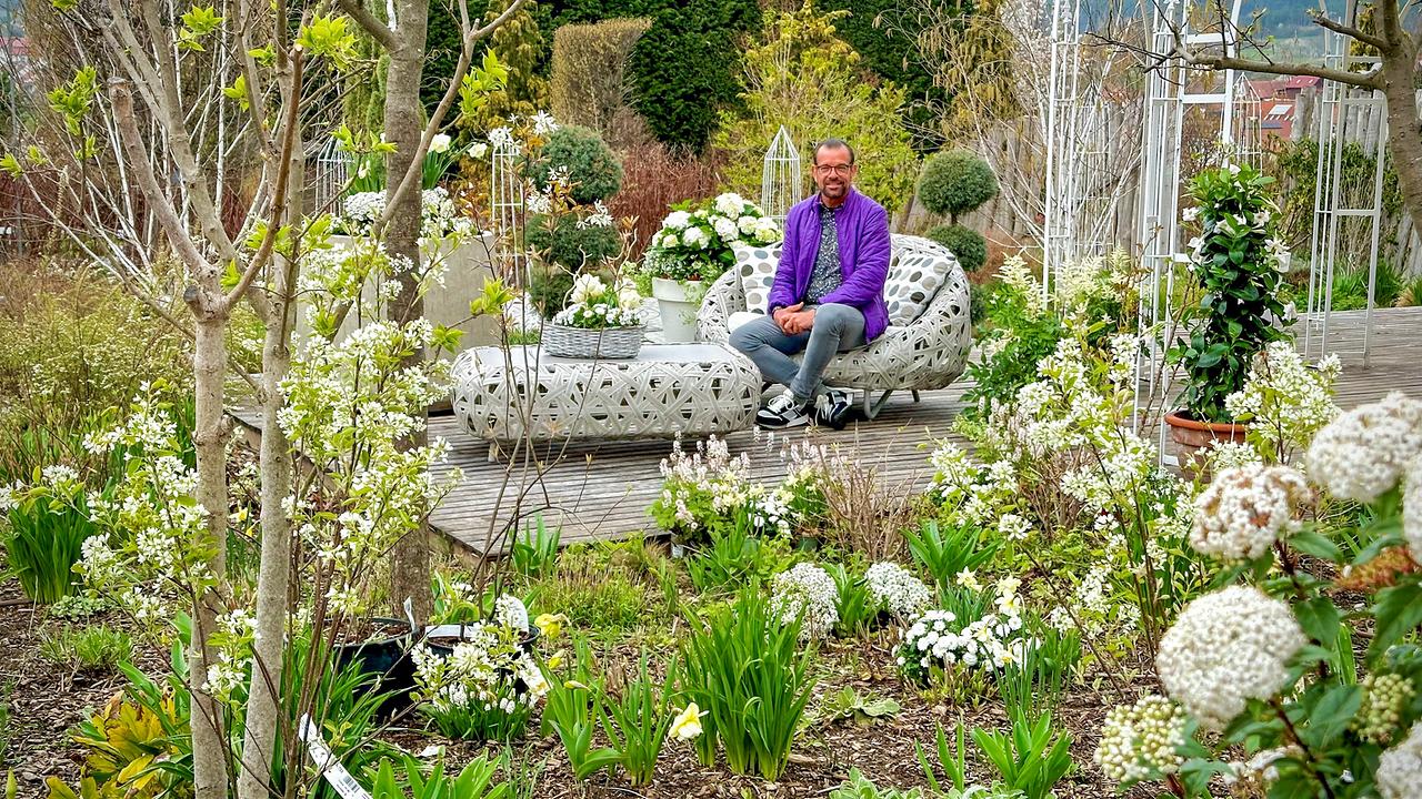 Karl Ploberger sitzt in einem frühlingshaft blühenden Garten