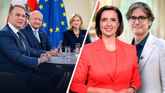Eine geteilte Bildmontage zeigt links Andreas Babler, Christian Stocker, Beate Meinl-Reisinger an einem Tisch vor einer Österreich- und EU-Fahne und rechts das Moderationsduo Susanne Schnabl und Klaus Webhofer