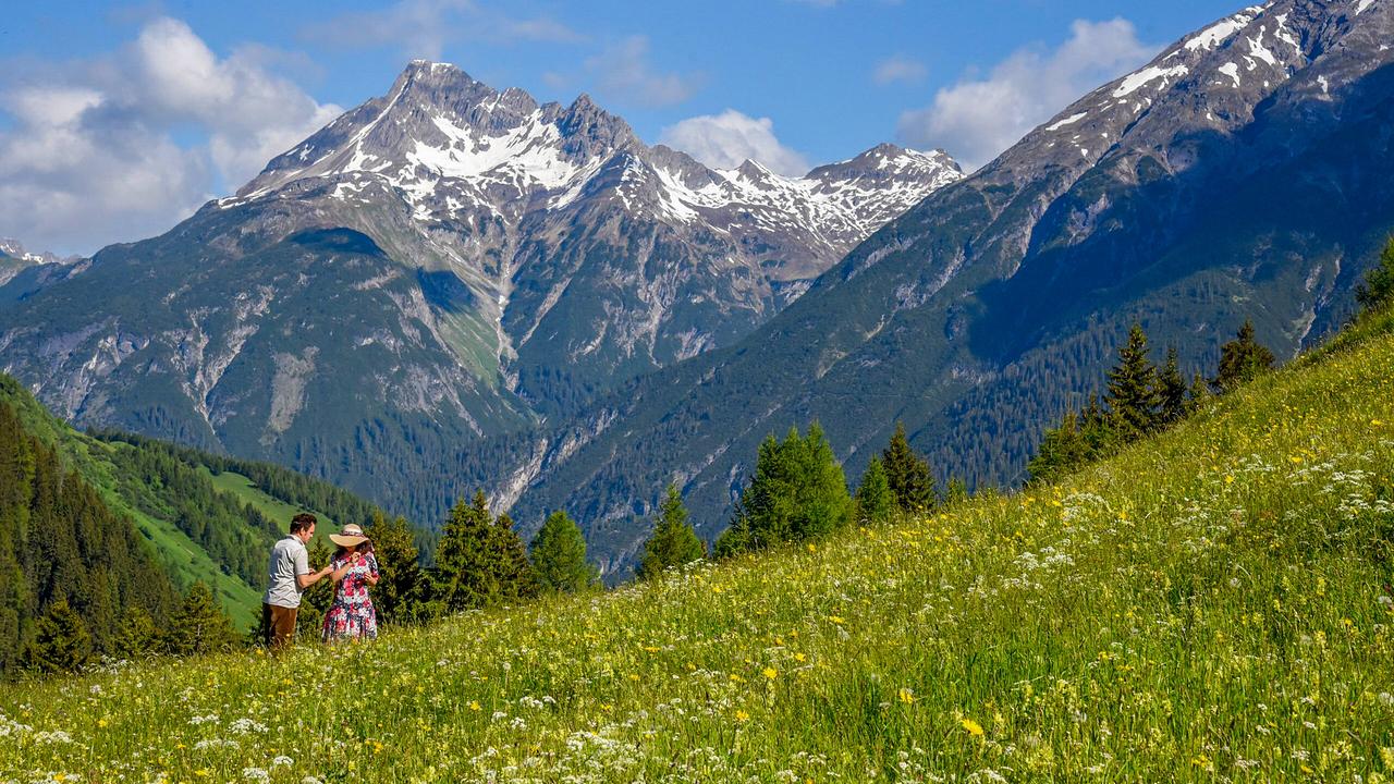 Elfi und Sepp spazieren bei Sonnenschein auf der Bergwiese vor einer eindrucksvollen Alpenkulisse.