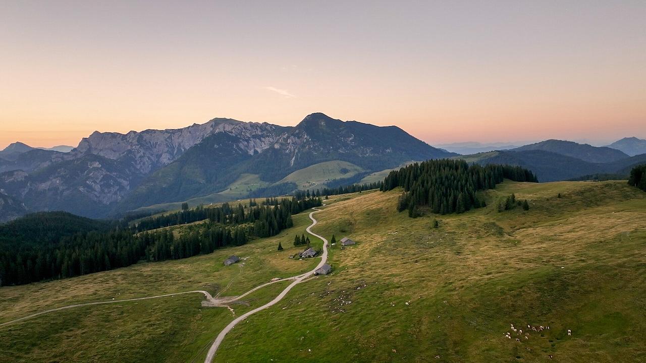 © ORF/Kiwi TV Eine sanfte Almlandschaft mit geschwungenem Weg liegt im Abendlicht vor einer markanten Bergkulisse.