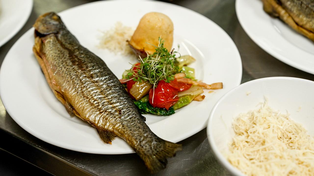 © ORF/Kiwi TV Ein angerichteter gebratener Fisch mit Gemüse und Beilage liegt servierfertig auf einem weißen Teller.