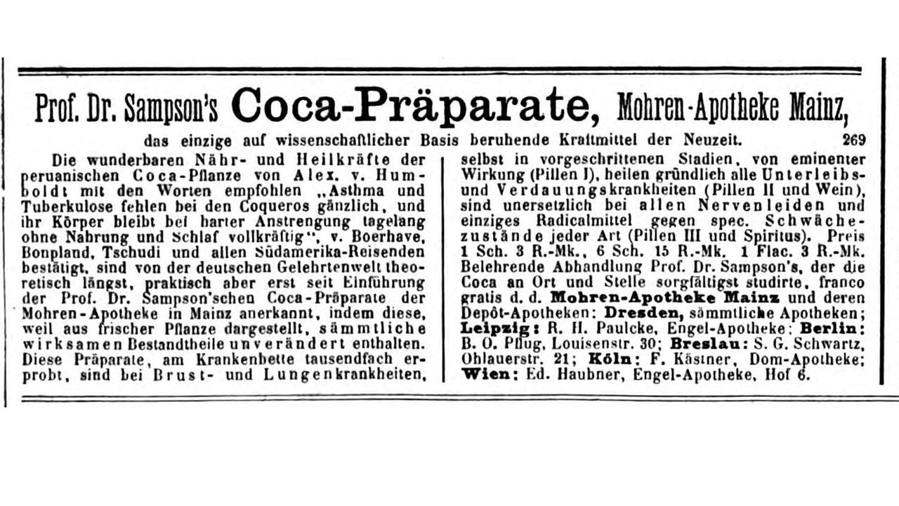 © ORF/Bibliothek der ÖAK Historisches Inserat für Coca-Präparate (Kokain)