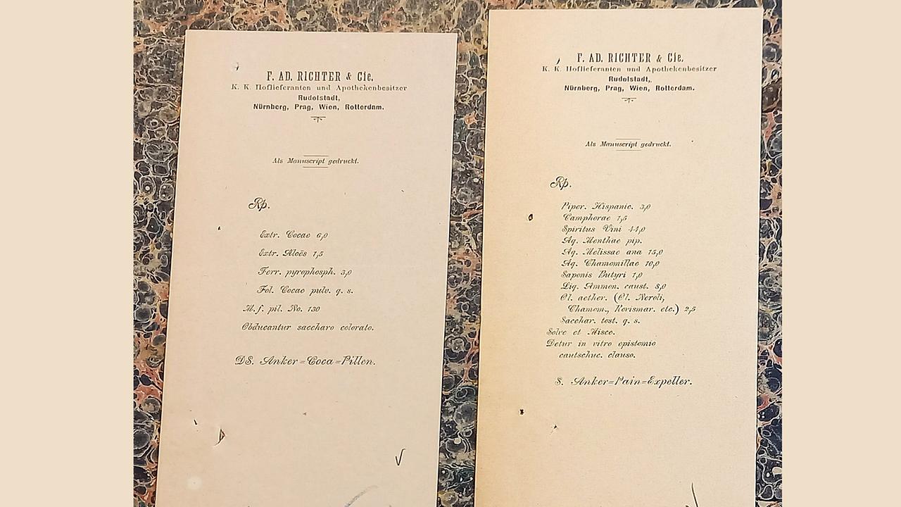 © ORF/Bibliothek der ÖAK Alte Arzneimittelrezepte auf Papier für Kokain-Pillen bei Schmerzen