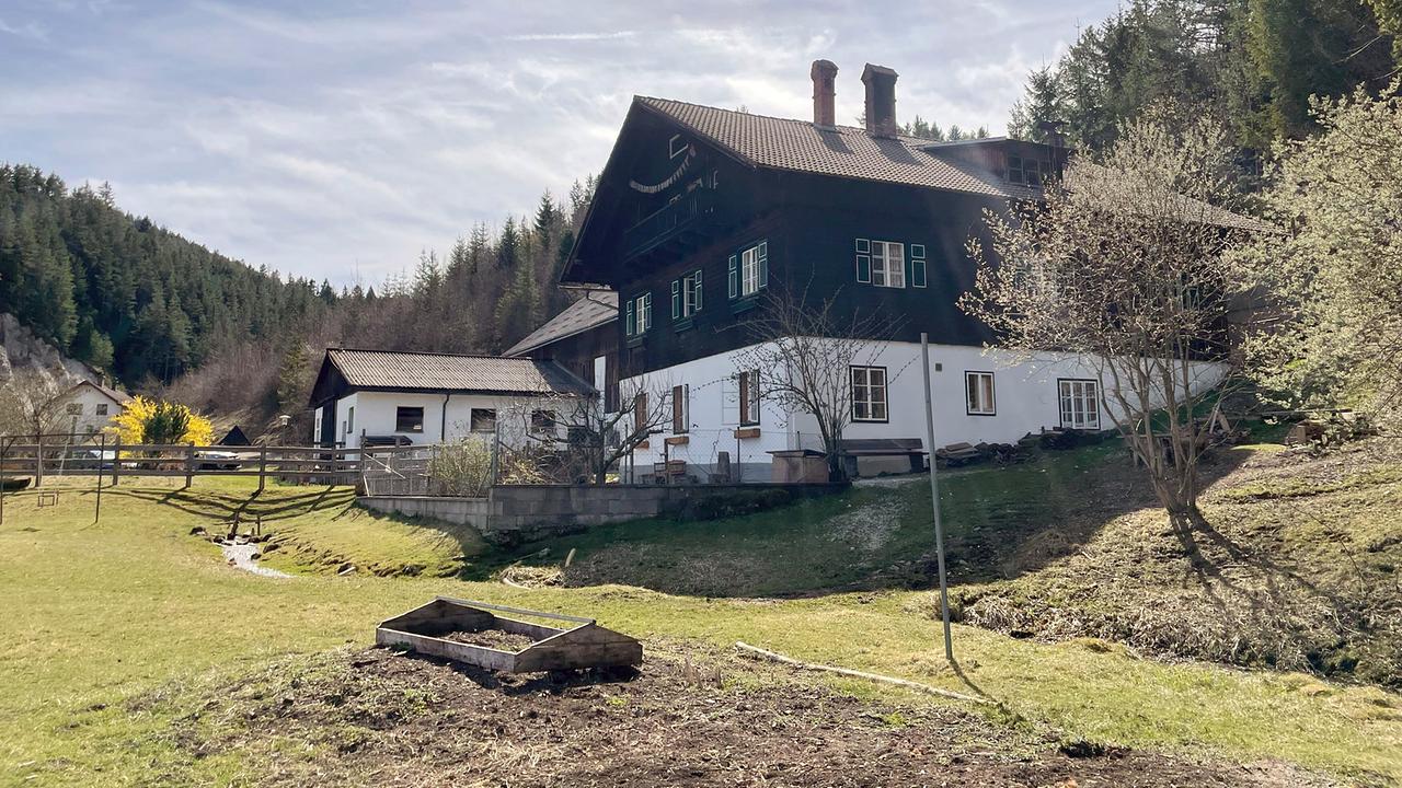 Auszeithof Enk: Ein traditionelles Bauernhaus liegt eingebettet in einer hügeligen Wiesenlandschaft am Waldrand.