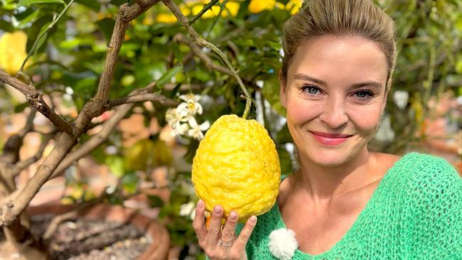 Christine Reiler hält in einem Garten eine sehr große, gelbe Zitrusfrucht direkt vom Baum in der Hand.
