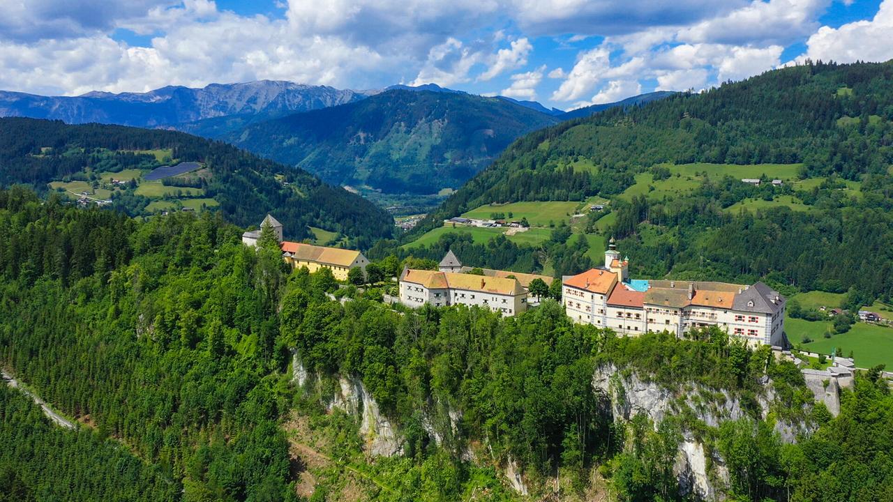 Die Burganlage von Burg Strechau auf einem bewaldeten Felsrücken inmitten einer grünen, hügeligen Landschaft