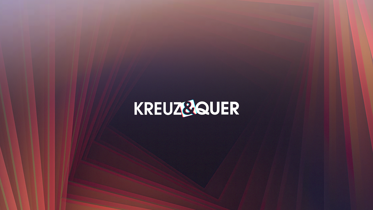 © ORF Signation zu "kreuz & quer" mit geometrischen Farbverläufen und mittig dem Schriftzug „KREUZ & QUER“