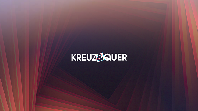 © ORF Signation zu "kreuz & quer" mit geometrischen Farbverläufen und mittig dem Schriftzug „KREUZ & QUER“