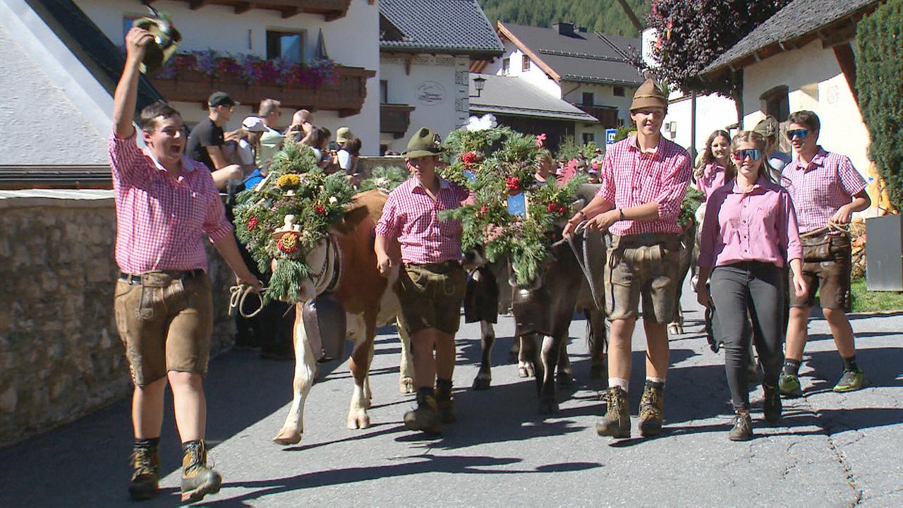 © ORF/Landesstudio Tirol Junge Hirten in Tracht führen geschmückte Kühe beim traditionellen Fisser Almbetrieb durch ein Dorf.