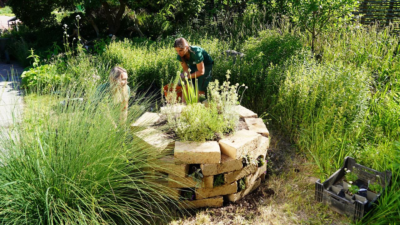 © Leopold Mayrhofer/Natur im Garten Zwei Gärtnerinnen arbeiten an einer Kräuterspirale aus Steinblöcken, umgeben von dichtem Grün und Pflanzen.