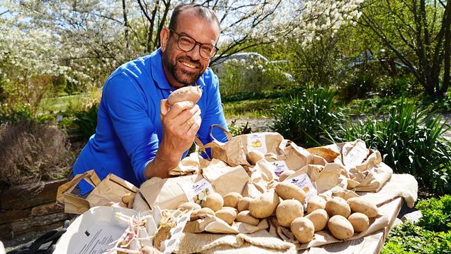 Karl Ploberger präsentiert an einem Tisch sitzend unterschiedliche Erdäpfelsorten