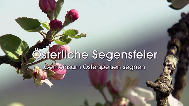 Ein blühender Zweig mit rosafarbenen Knospen vor unscharfem Hintergrund, über dem darüber der Text „Österliche Segensfeier – Gemeinsam Osterspeisen segnen“ liegt.