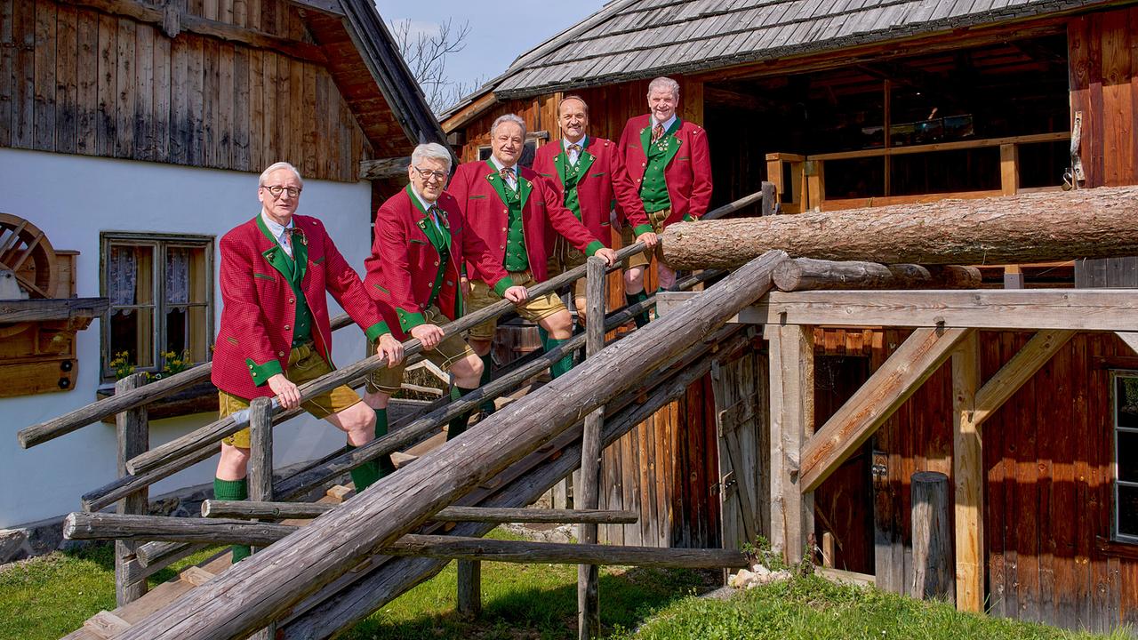 © ORF/Alois Kuschetz Die fünf Schlofhaumbuam stehen gemeinsam auf einer Außentreppe aus Holz neben einem auf einem Holzgerüst liegenden Baumstamm bei einem Bauernhof.