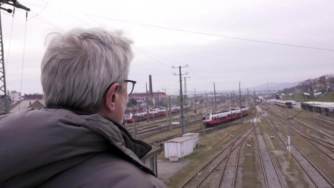 Herr S. blickt von einer erhöhten Position auf ein weitläufiges Bahngelände mit zahlreichen Gleisen und abgestellten Zügen.