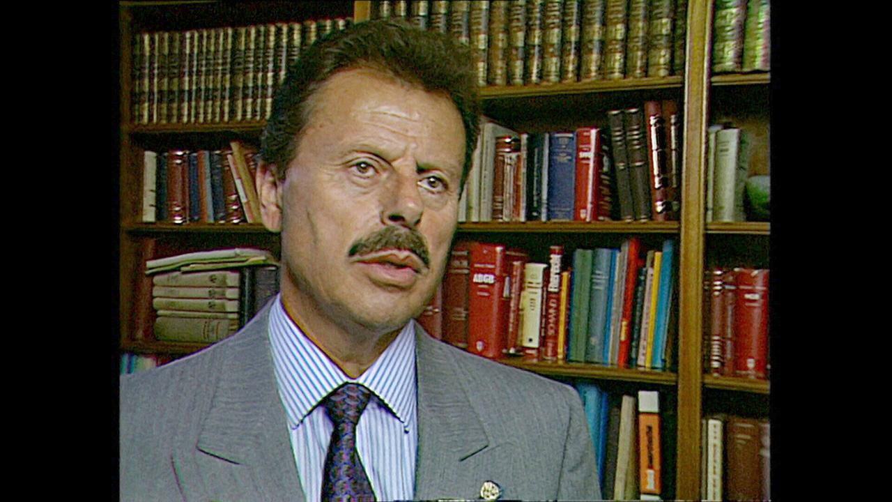 © ORF Skender Fani in Anzug und Krawatte im Interview vor einem Bücherregal