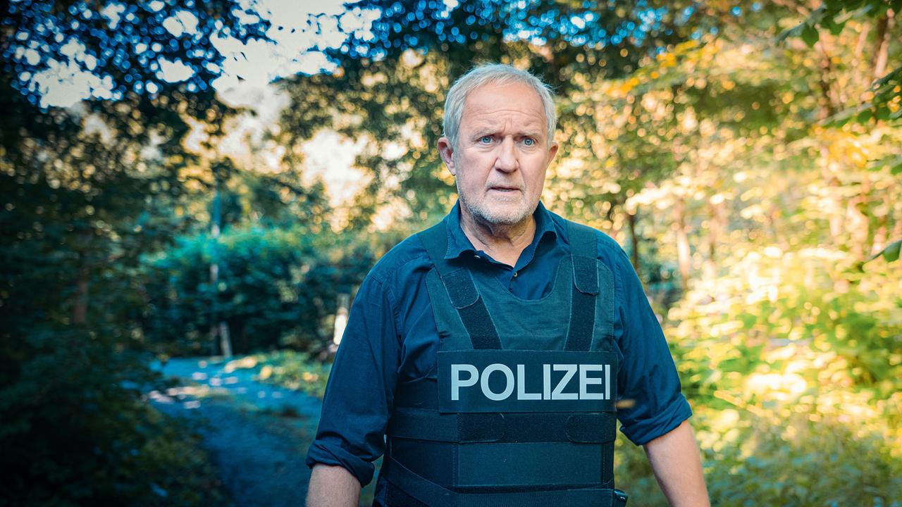 Moritz Eisner in Schutzweste steht allein auf einem Waldweg.