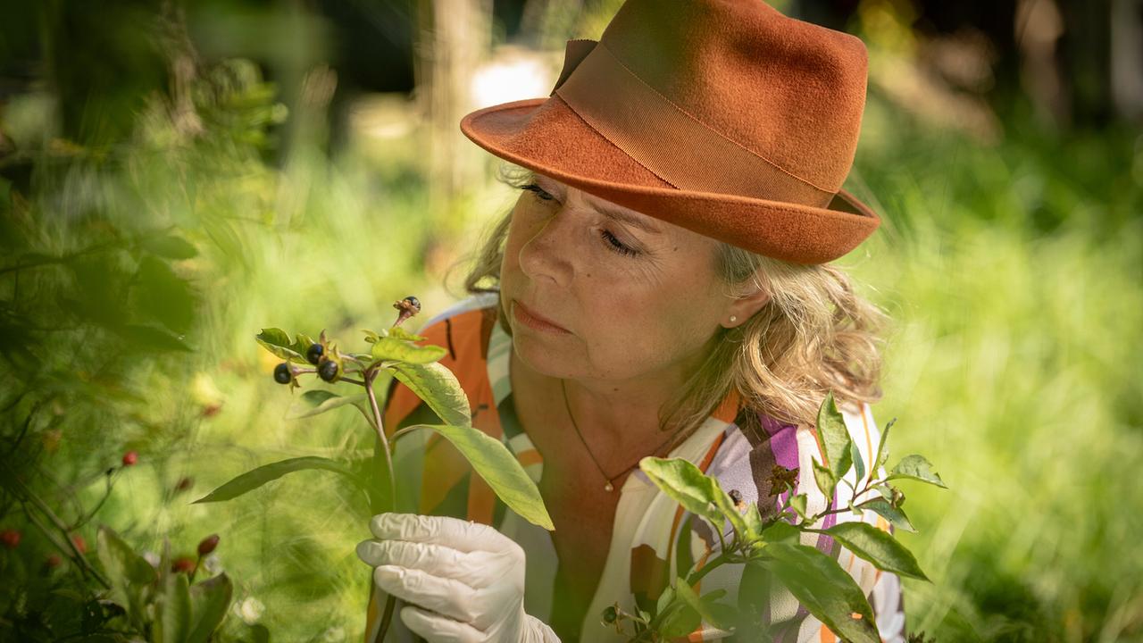 "Tatort: Unter Gärtnern": Silke Haller (ChrisTine Urspruch) untersucht die Flora in Sabines Garten. Ihr Hauptaugenmerk liegt dabei auf den giftigen Pflanzen.