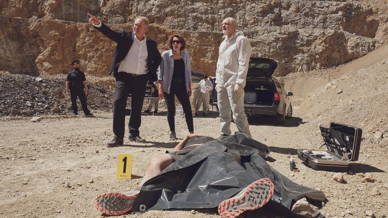 © ORF/Petro Domenigg "Tatort – Verschwörung": Harald Krassnitzer (Moritz Eisner), Adele Neuhauser (Bibi Fellner), Günter Franzmeier (Werner Kreindl)