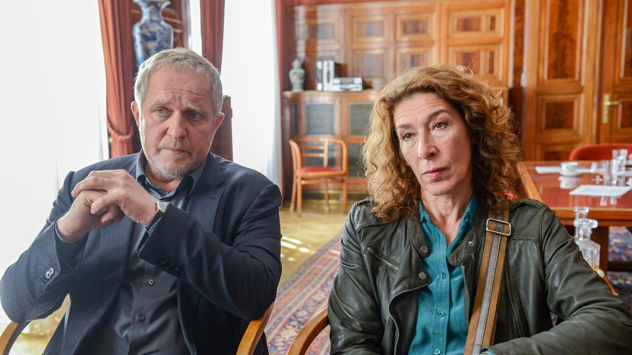 "Tatort: Gier": Moritz (Harald Krassnitzer) und Bibi (Adele Neuhauser) statten dem Anwalt des Wendler-Konzerns, einen Besuch ab.