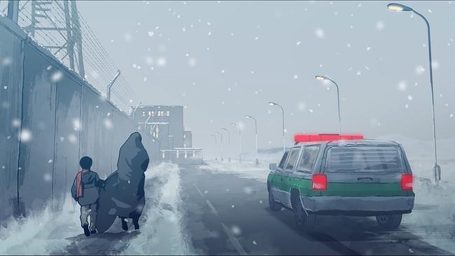 © ORF/Little Dream Entertainment/Coop 99 Filmproduktion Babak und Donya gehen bei Schnee an einer hohen Mauer entlang, während ein Polizeiwagen mit eingeschaltetem Licht vorbeifährt.