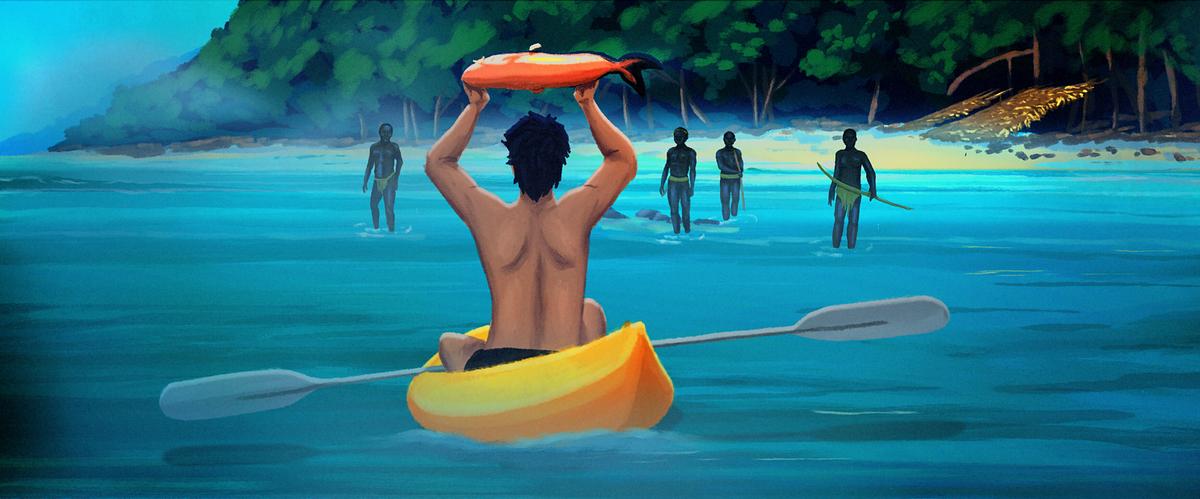 © ORF/Disney/National Geographic The Mission - Zwischen Glaube und Wahnsinn (2): Als John sich den Einheimischen nähert, zeigt er die mitgebrachten Geschenke.
