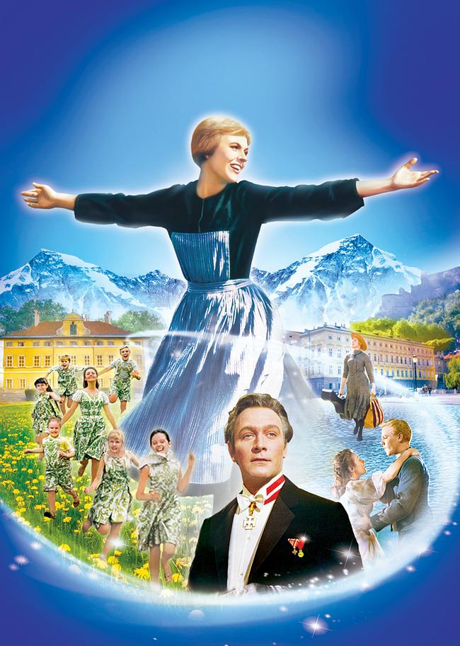 Foto-Collage - eine Frau in traditioneller Kleidung vor Alpenkulisse, umgeben von Szenen mit Kindern auf einer Wiese, einem Mann im Frack und Stadtansichten