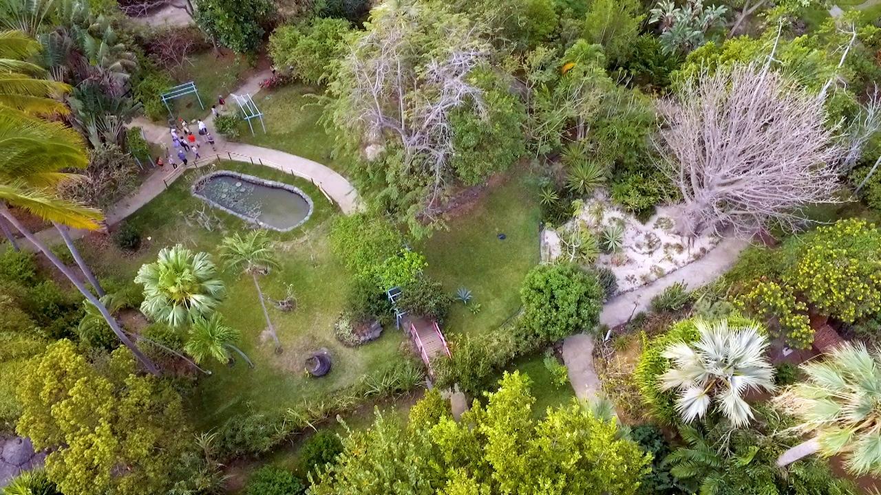 Luftaufnahme des Paradiesgartens „Jardin d’Eden“ mit Teich, Wegen, Brücke und mehreren Menschen inmitten grüner und kahler Bäume