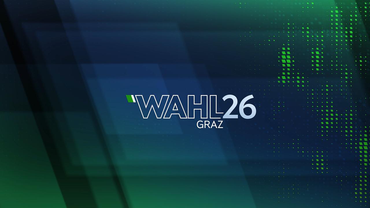 Eine ORF‑Wahlgrafik mit blau‑grünem Hintergrund und der Aufschrift „WAHL 26 GRAZ“