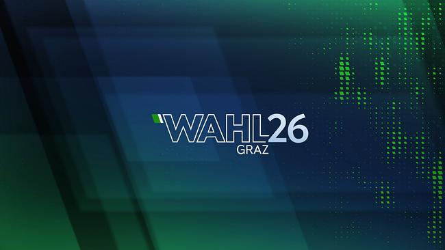 Eine ORF‑Wahlgrafik mit blau‑grünem Hintergrund und der Aufschrift „WAHL 26 GRAZ“