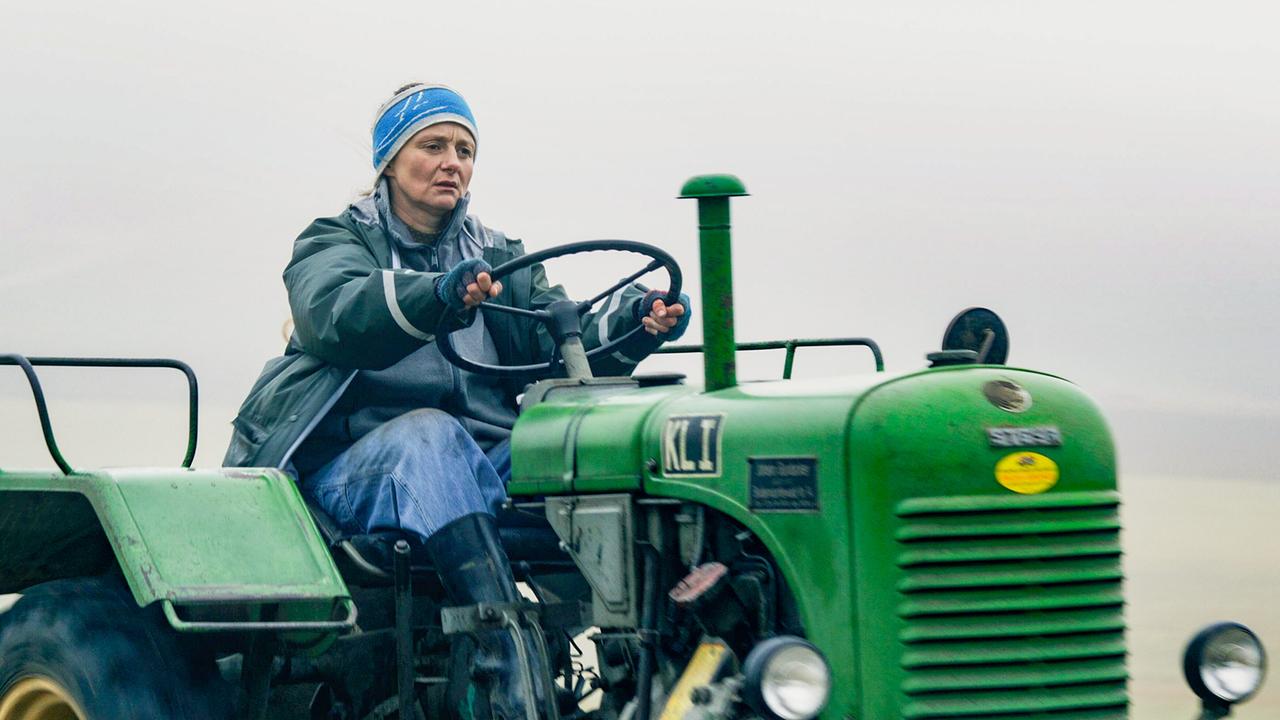 © ORF/Wega Film Gerti fährt bei nebeligem Wetter mit einem grünen Traktor über offenes Gelände.